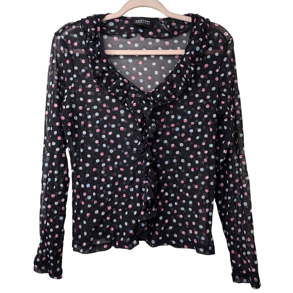 Lg Y2k Vtg New York & Company Sheer Polka Dot Ruffled Button Up Shirt Coquette